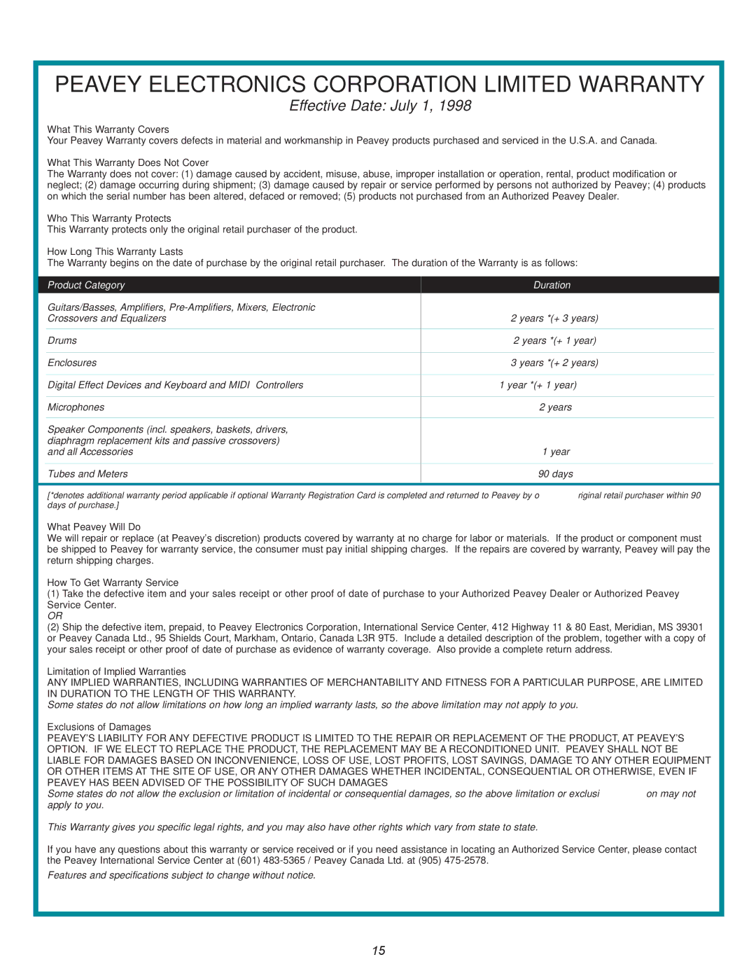 Peavey PM 1 manual Peavey Electronics Corporation Limited Warranty 