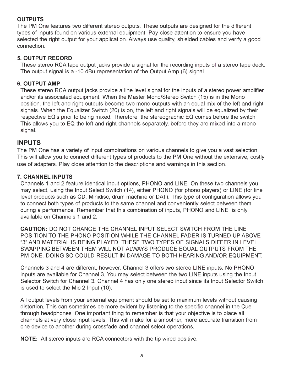 Peavey PM 1 manual Outputs, Output Record, Output AMP, Channel Inputs 