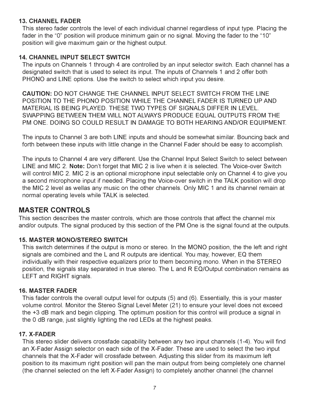 Peavey PM 1 manual Master Controls 