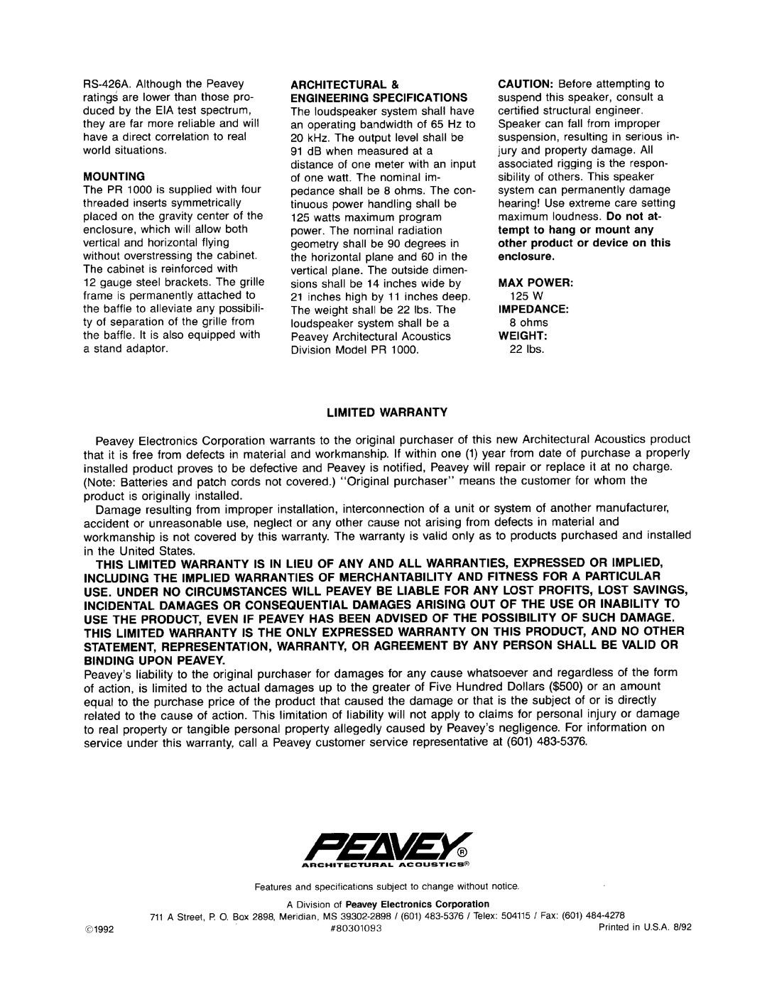 Peavey PR 1000 manual 