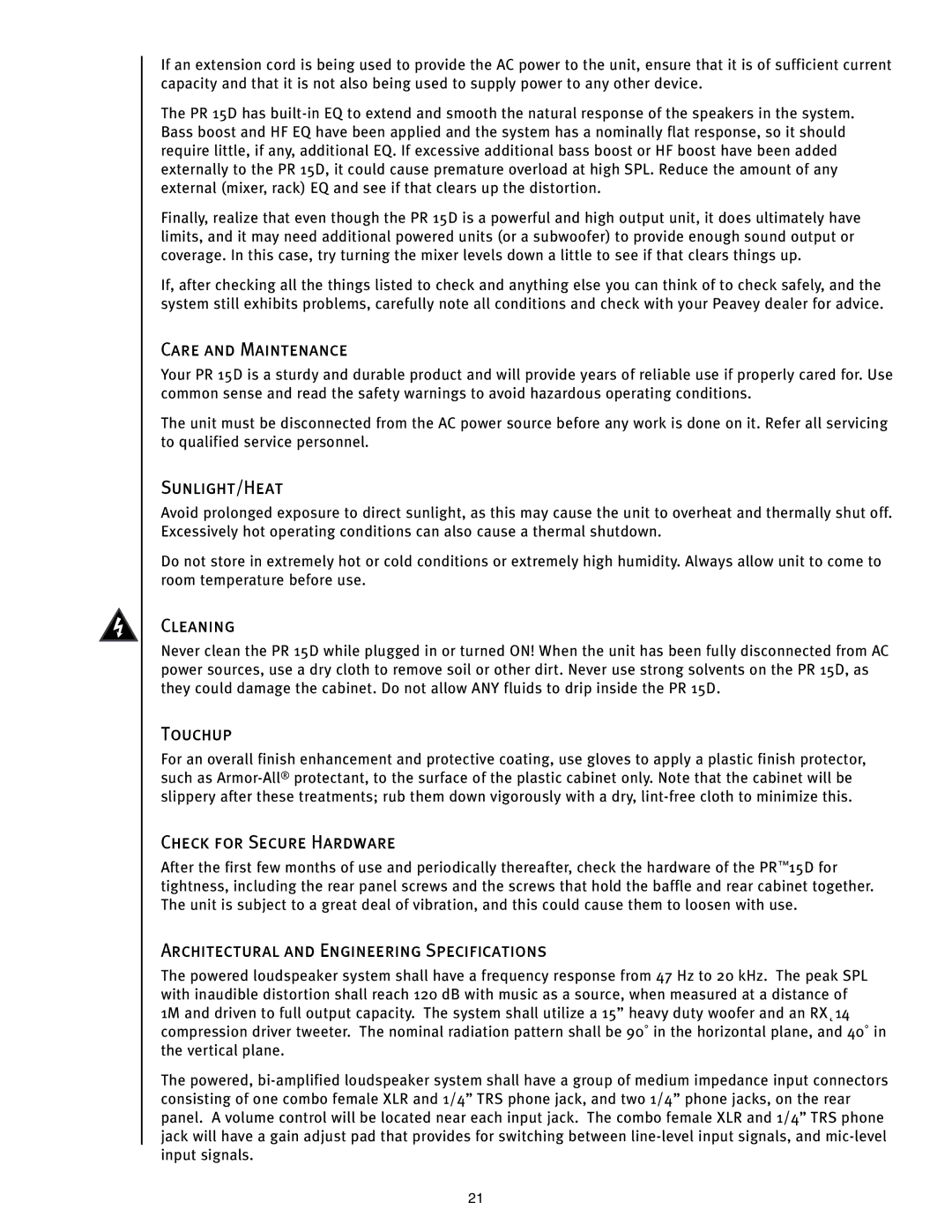 Peavey PR 15 D manual Care and Maintenance, Sunlight/Heat, Cleaning, Touchup, Check for Secure Hardware 