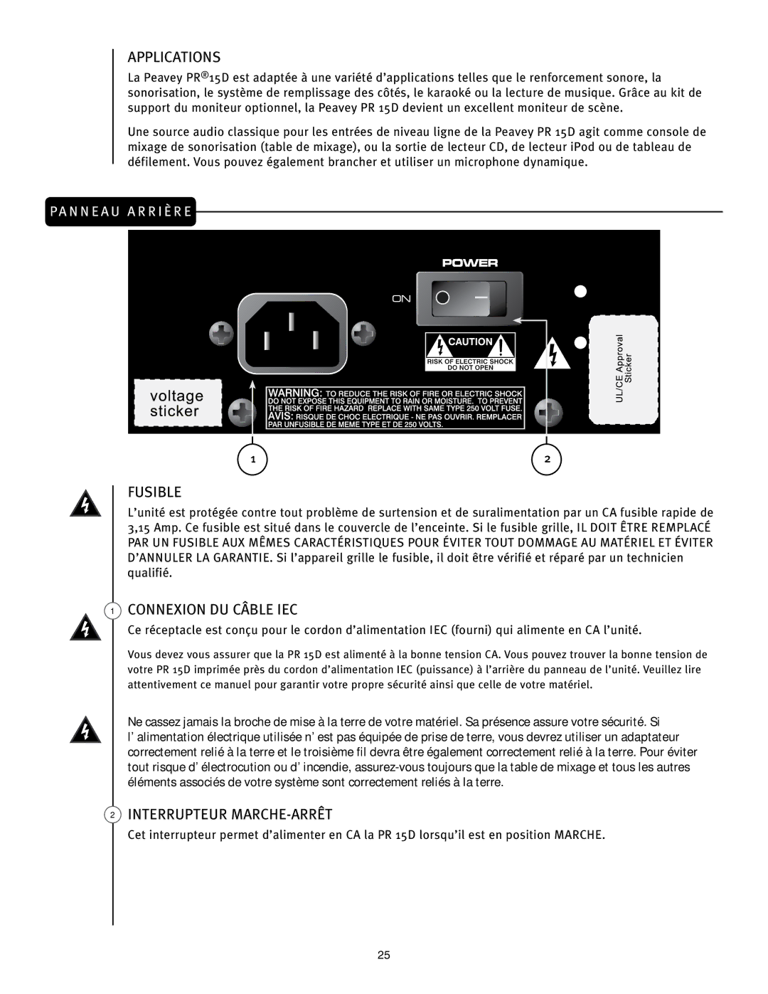 Peavey PR 15 D manual Fusible, Connexion DU Câble IEC, Interrupteur MARCHE-ARRÊT 