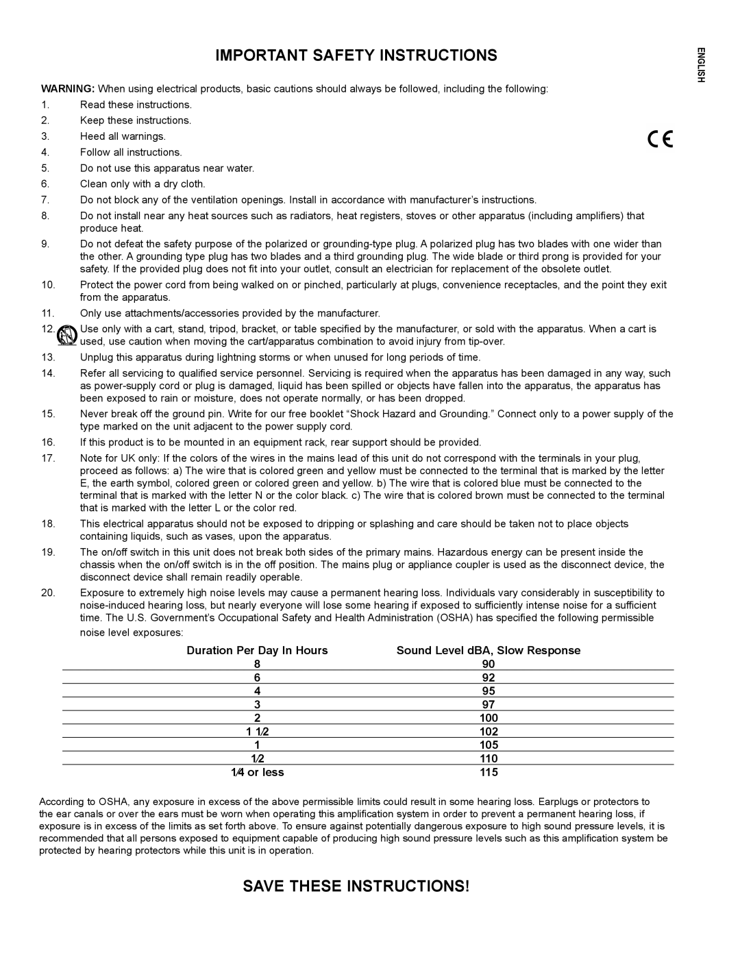 Peavey PR 15 D manual Important Safety Instructions, ⁄4 or less 