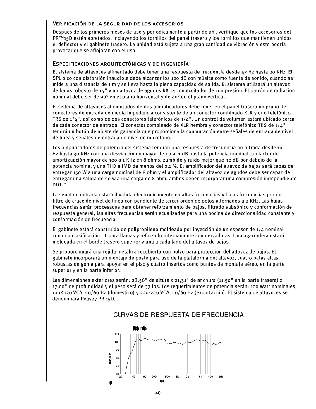 Peavey PR 15 D manual Curvas DE Respuesta DE Frecuencia, Verificación DE LA Seguridad DE LOS Accesorios 