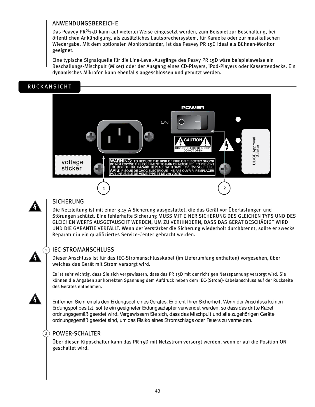 Peavey PR 15 D manual Anwendungsbereiche, Sicherung, Iec-Stromanschluss, Power-Schalter 