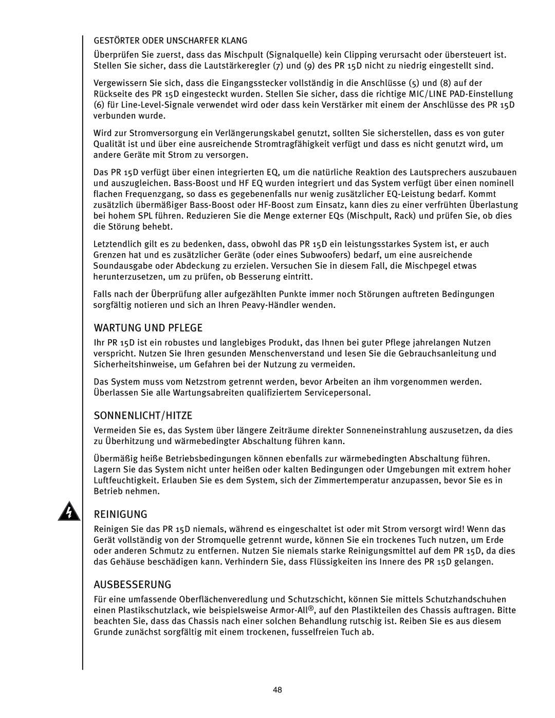 Peavey PR 15 D manual Wartung UND Pflege, Sonnenlicht/Hitze, Reinigung, Ausbesserung, Gestörter Oder Unscharfer Klang 