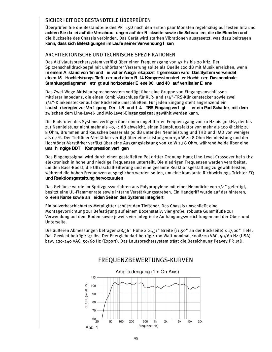 Peavey PR 15 D manual Sicherheit DER Bestandteile Überprüfen, Architektonische UND Technische Spezifikationen 