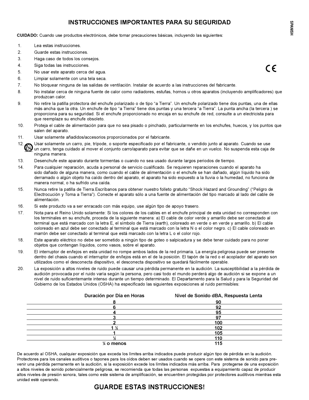 Peavey PR 15 D manual Guarde Estas Instrucciones, Instrucciones Importantes Para SU Seguridad 