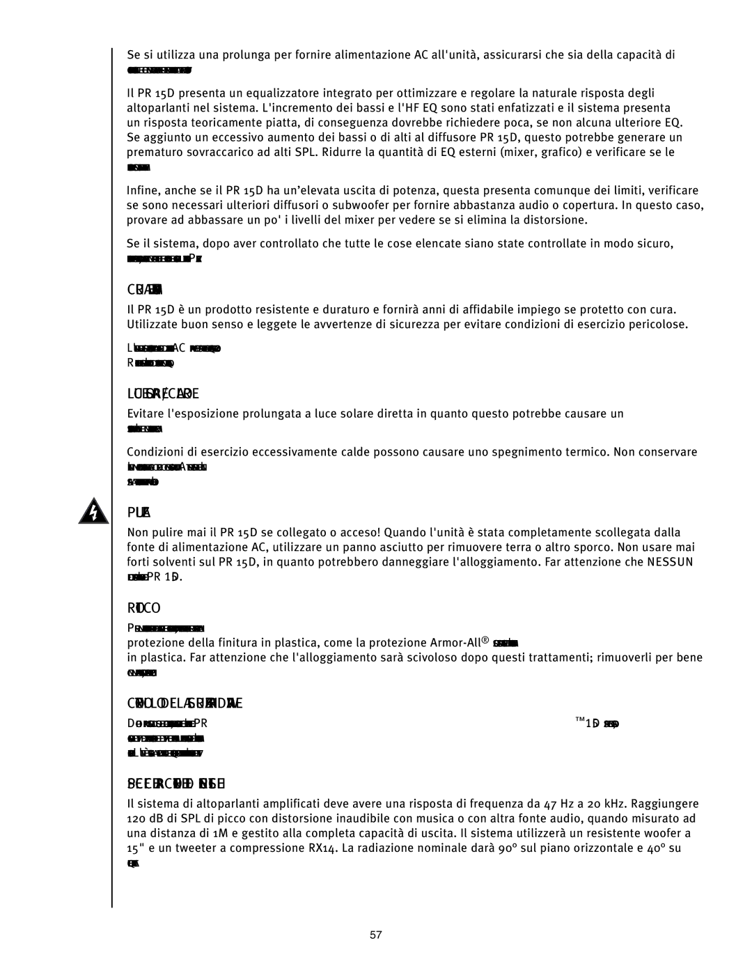 Peavey PR 15 D manual Cura E Manutenzione, Luce SOLARE/CALORE, Pulizia, Ritocco, Controllo Della Sicurezza Hardware 