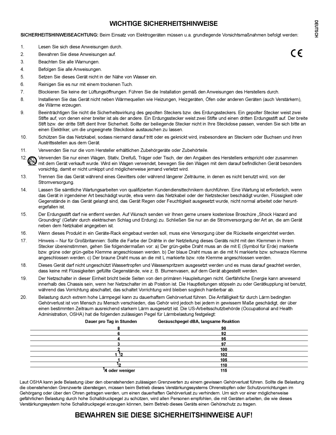 Peavey PR 15 D manual Bewahren SIE Diese Sicherheitshinweise AUF, Wichtige Sicherheitshinweise 