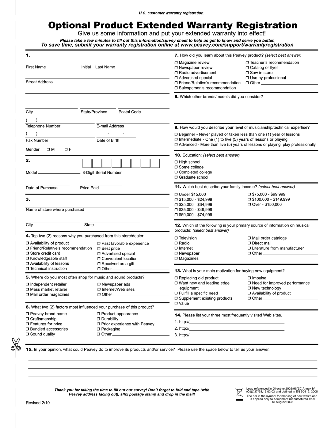 Peavey PR 15 D manual Customer warranty registration 