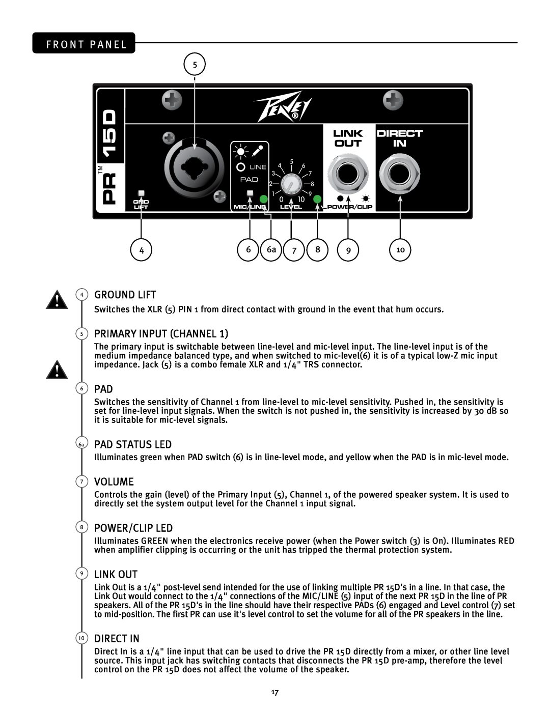 Peavey PR 15 D manual F R O N T P A N E L, 4GROUND LIFT, 5PRIMARY INPUT CHANNEL, Pad Status Led, Volume, 8POWER/CLIP LED 