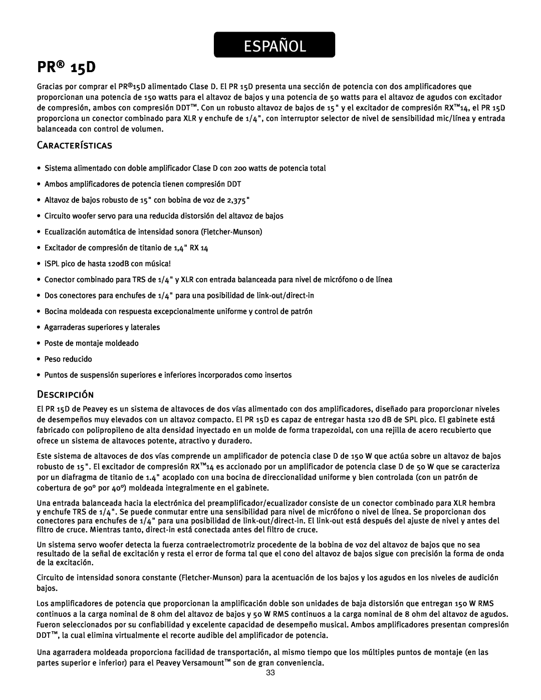Peavey PR 15 D manual Español, Características, Descripción, PR 15D 