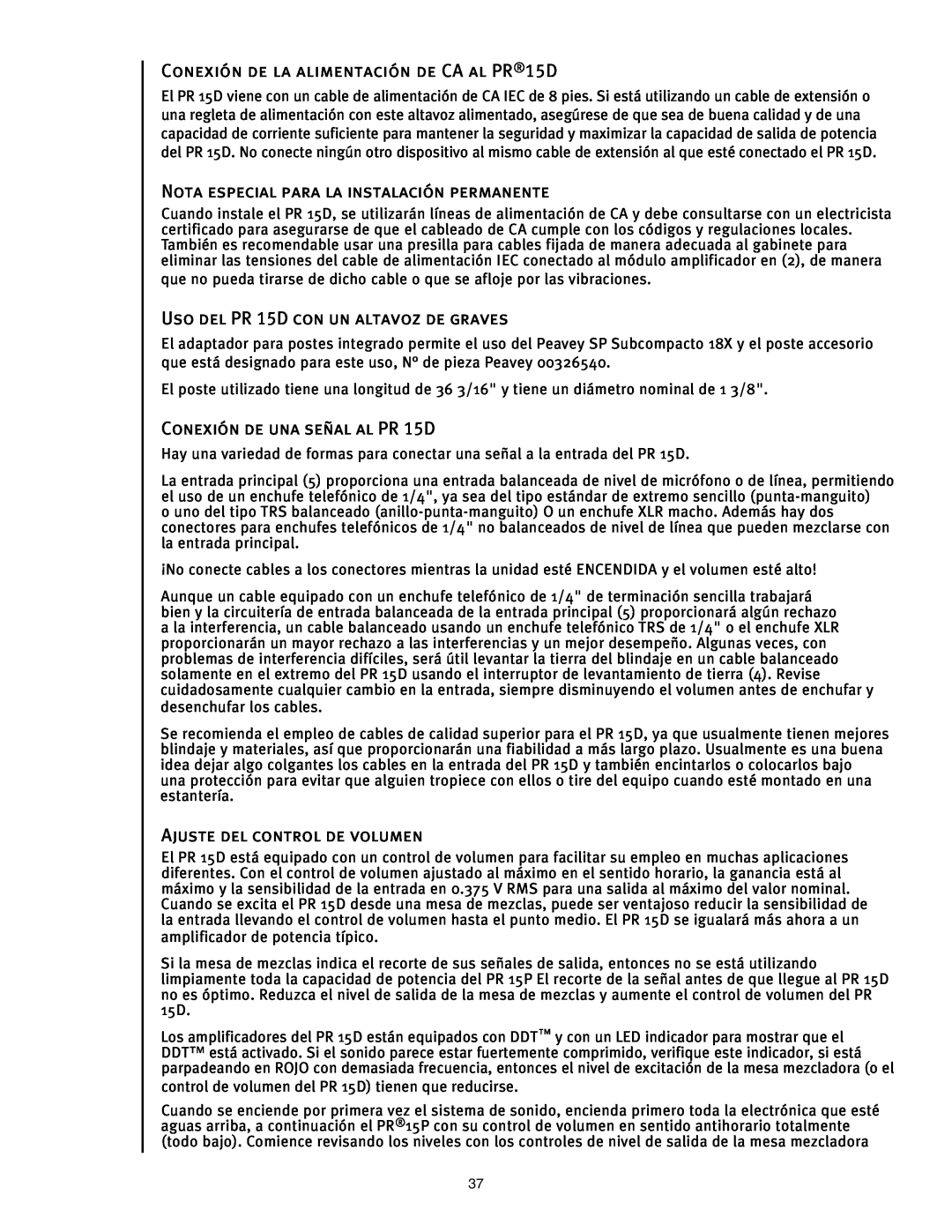 Peavey PR 15 D manual CONEXIÓN DE LA ALIMENTACIÓN DE CA AL PR15D, Nota Especial Para La Instalación Permanente 