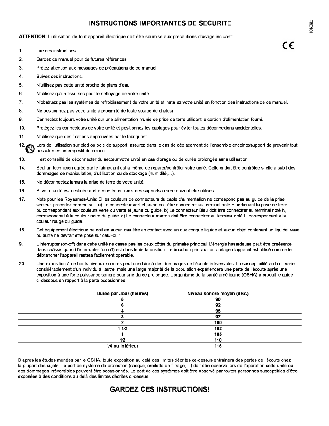 Peavey PR 15 D manual Gardez Ces Instructions, Instructions Importantes De Securite, Niveau sonore moyen dBA, 1 1⁄2, French 