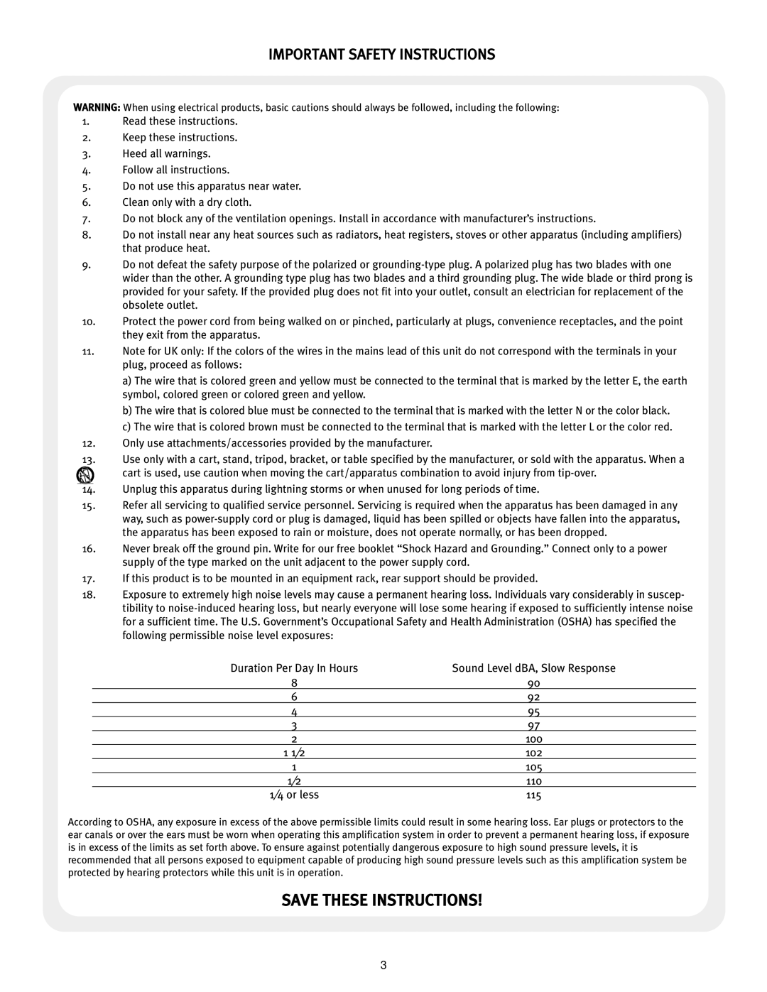 Peavey PR 15P manual Important Safety Instructions, Sound Level dBA, Slow Response 