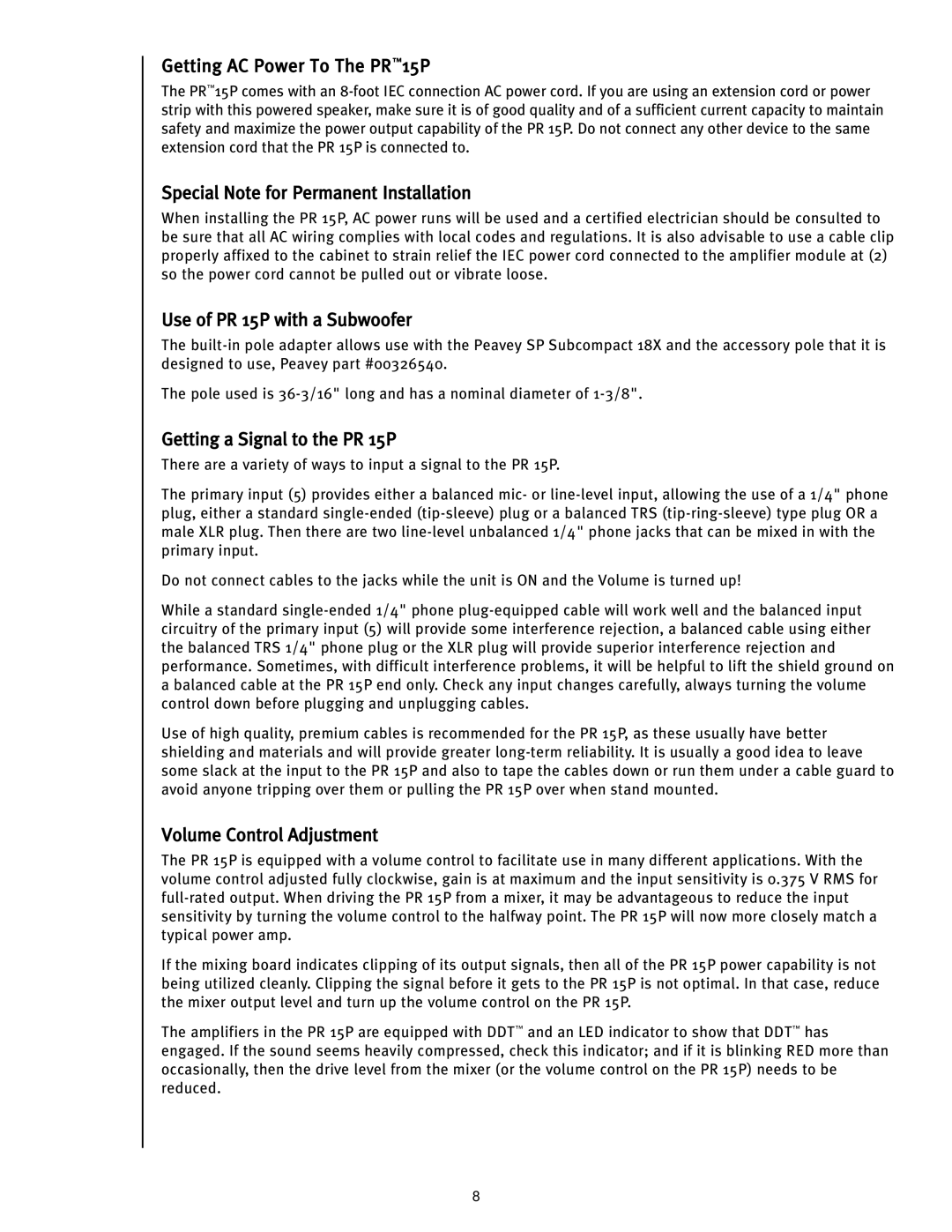 Peavey manual Getting AC Power To The PR15P, Special Note for Permanent Installation, Use of PR 15P with a Subwoofer 
