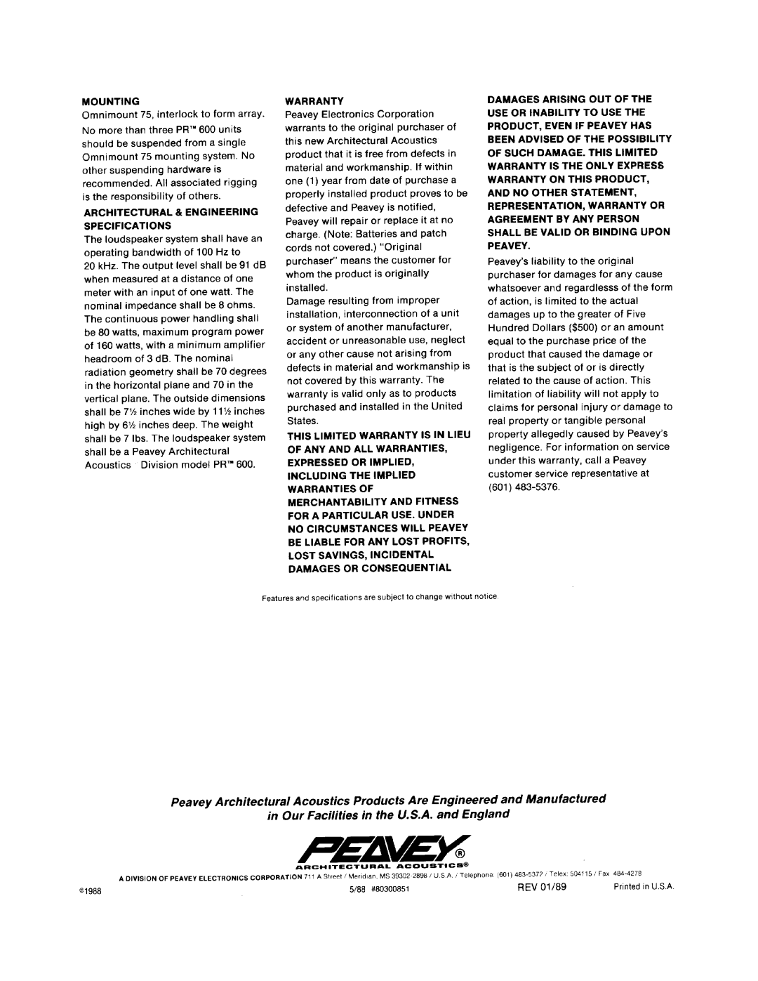 Peavey PR 600 manual 