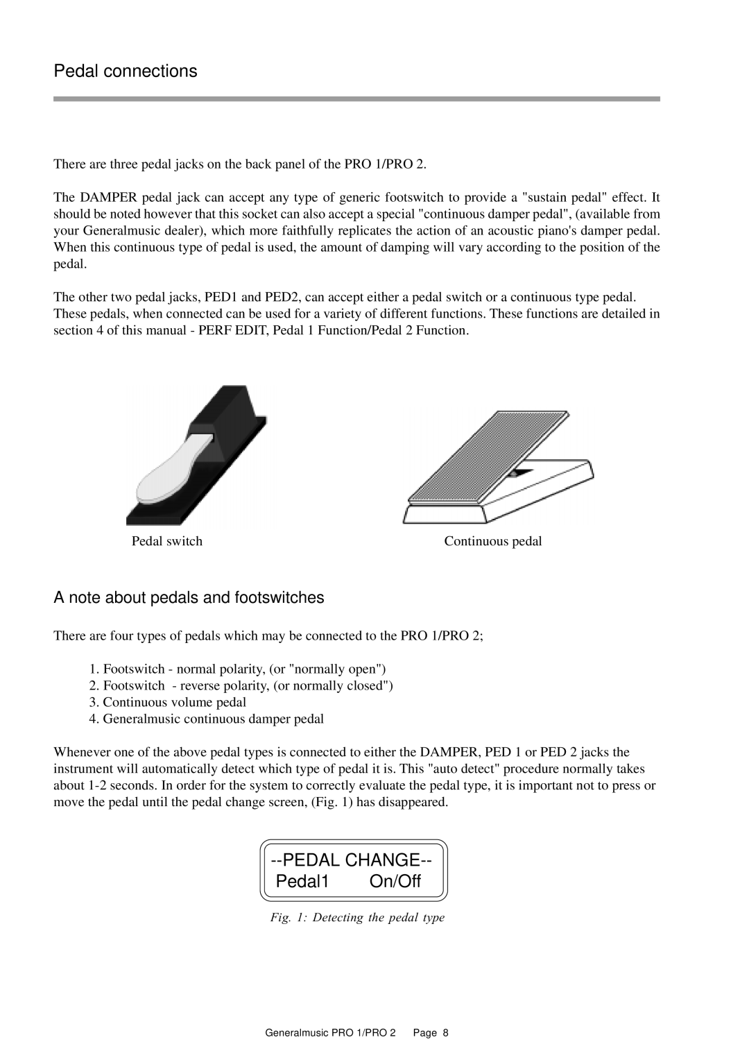 Peavey Pro 1, Pro 2 owner manual Pedal connections, Pedal1 On/Off 