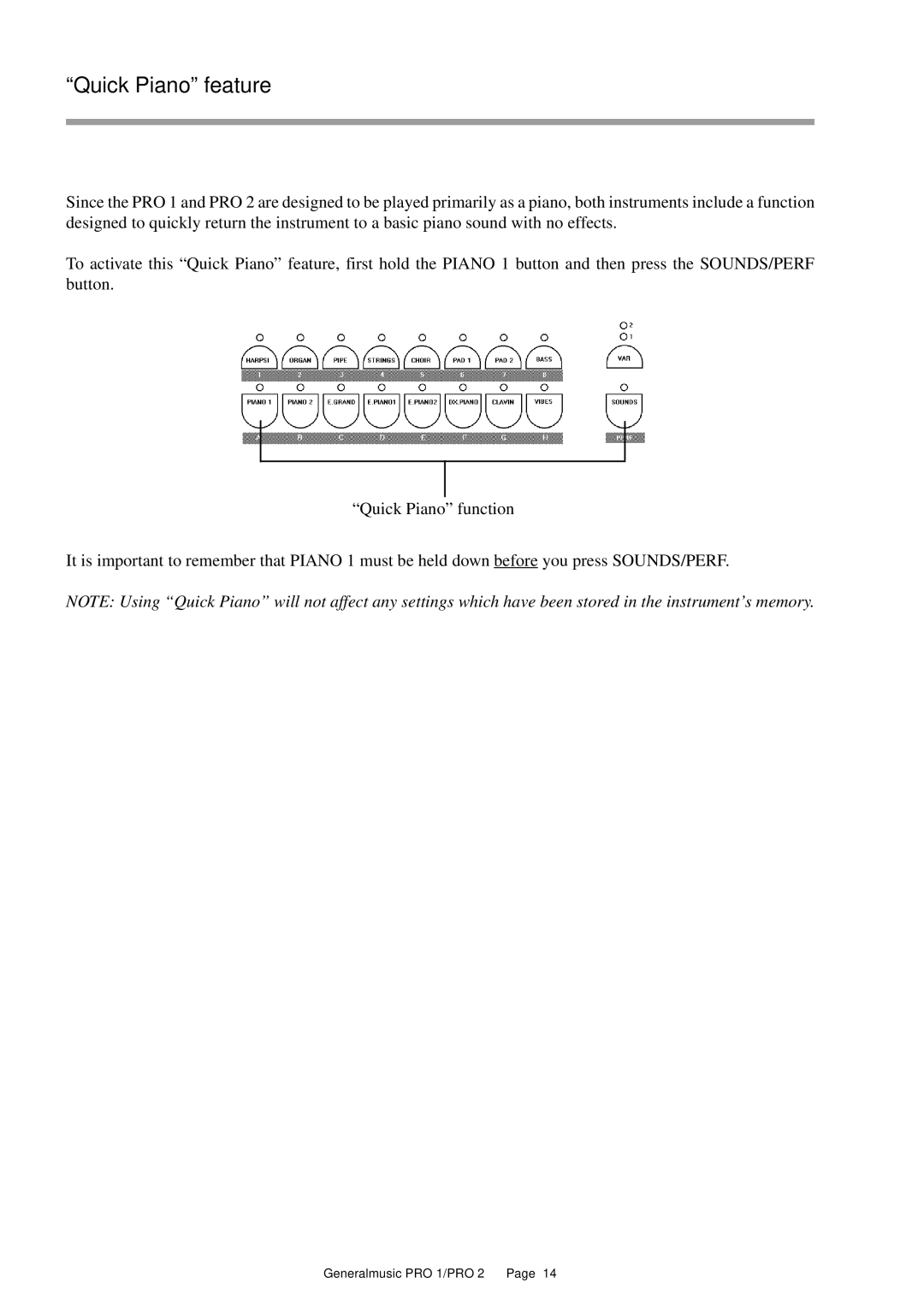 Peavey Pro 1, Pro 2 owner manual Quick Piano feature 