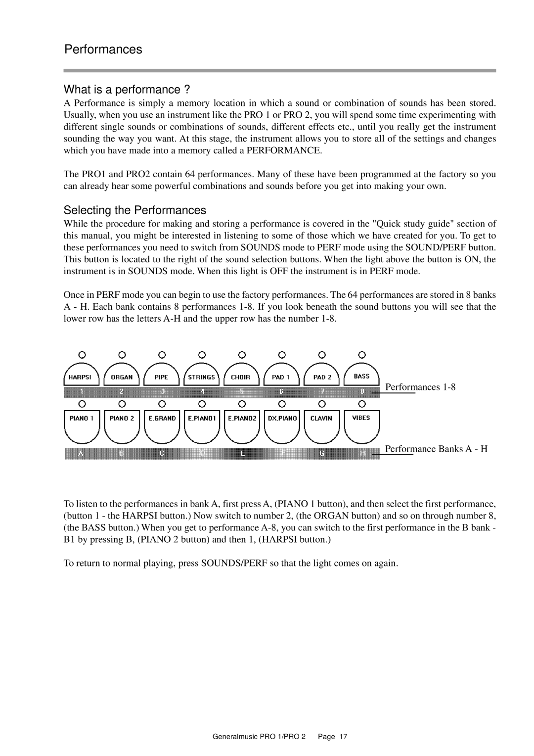 Peavey Pro 2, Pro 1 owner manual What is a performance ?, Selecting the Performances 