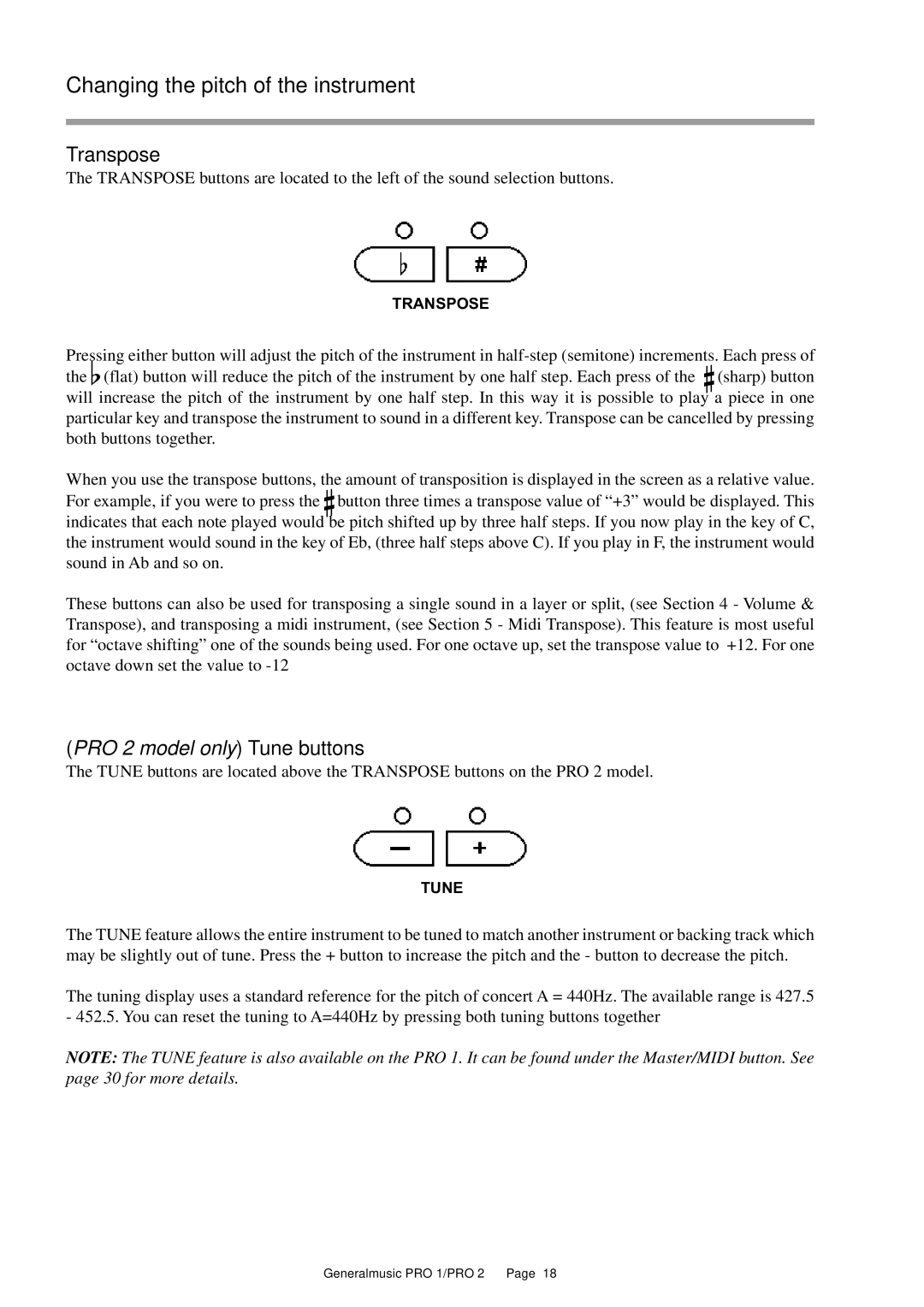 Peavey Pro 1, Pro 2 owner manual Changing the pitch of the instrument, Transpose 