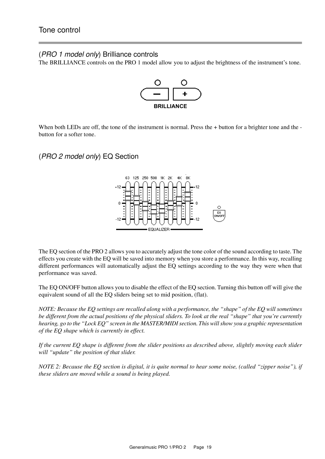Peavey Pro 2, Pro 1 owner manual Tone control, PRO 1 model only Brilliance controls 
