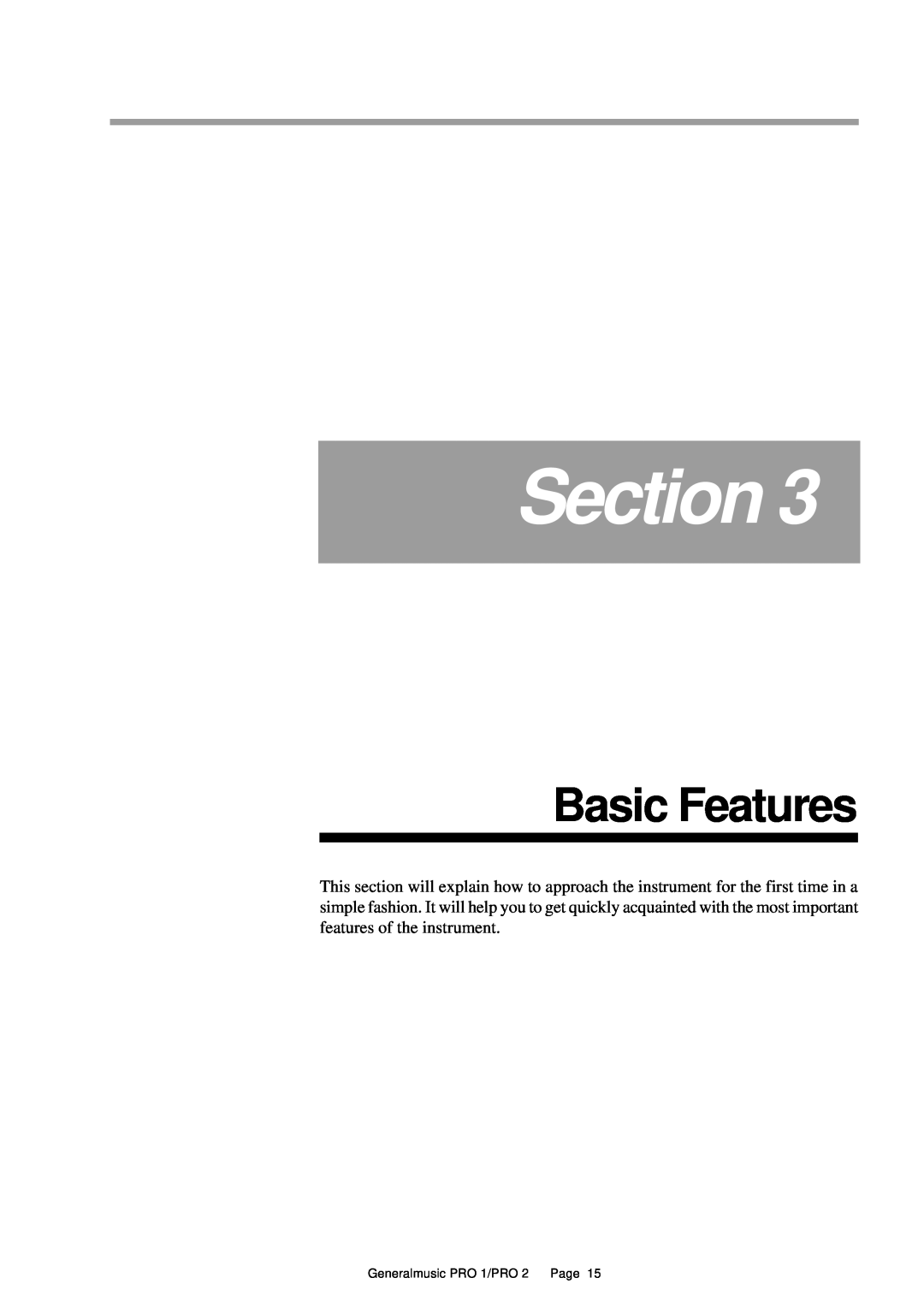 Peavey Pro 2, Pro 1 owner manual Basic Features, Section, Generalmusic PRO 1/PRO 2 Page 