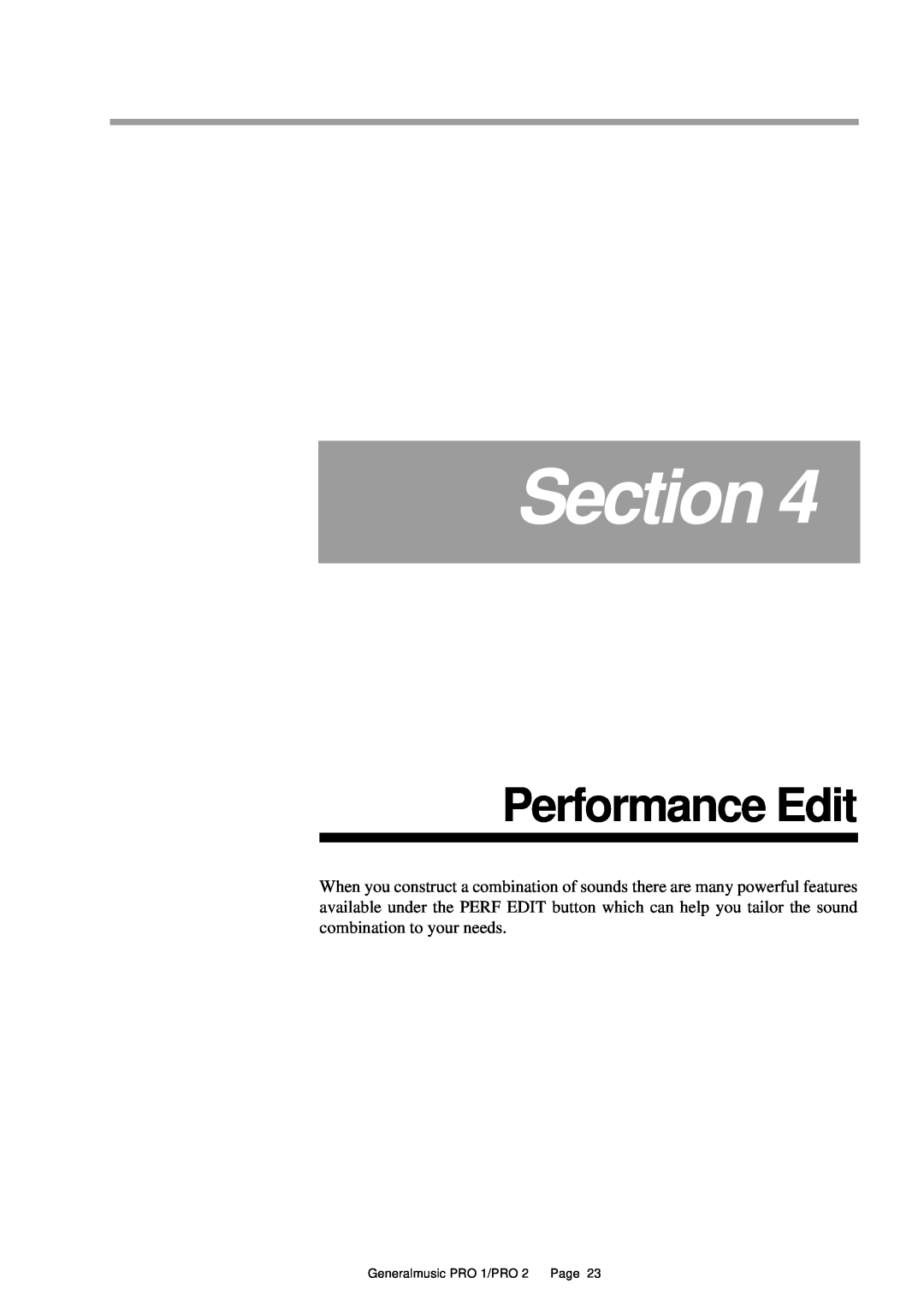 Peavey Pro 2, Pro 1 owner manual Performance Edit, Section, Generalmusic PRO 1/PRO 2 Page 