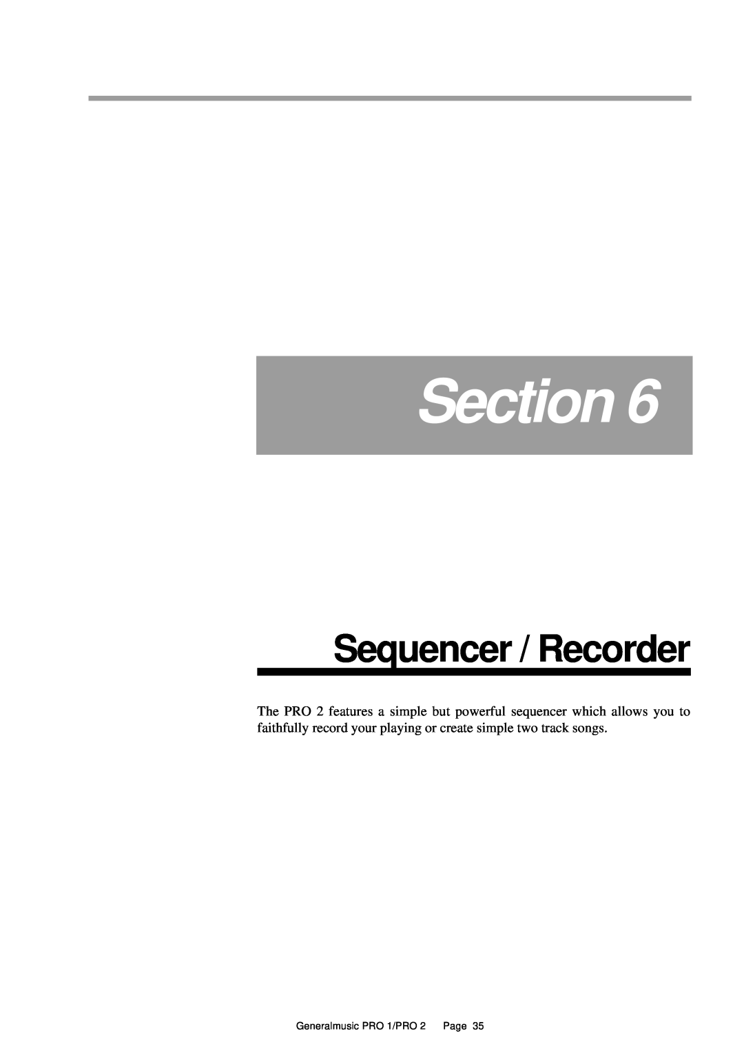 Peavey Pro 2, Pro 1 owner manual Sequencer / Recorder, Section, Generalmusic PRO 1/PRO 2 Page 