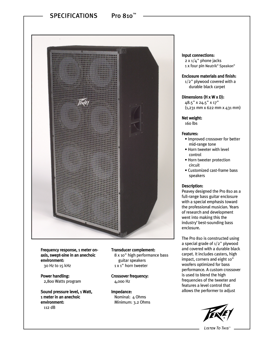 Peavey Pro 810 specifications Specifications 