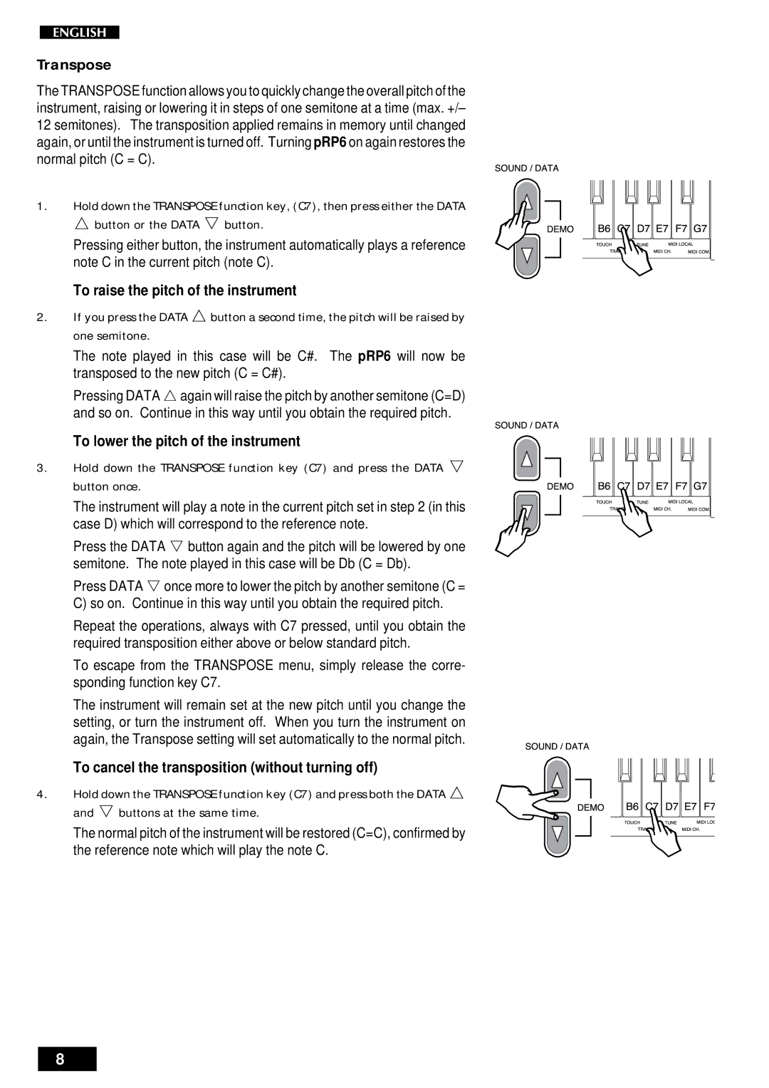 Peavey pRP 6 owner manual Transpose, To raise the pitch of the instrument, To lower the pitch of the instrument 