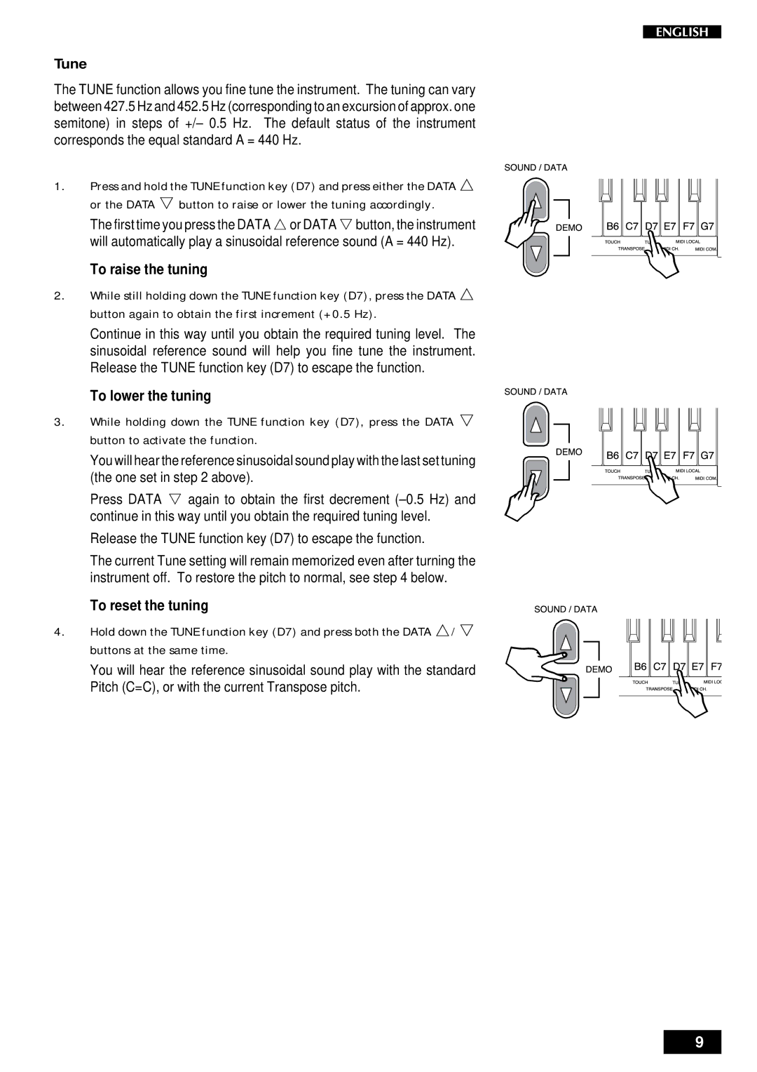 Peavey pRP 6 owner manual Tune, To raise the tuning, To lower the tuning, To reset the tuning 