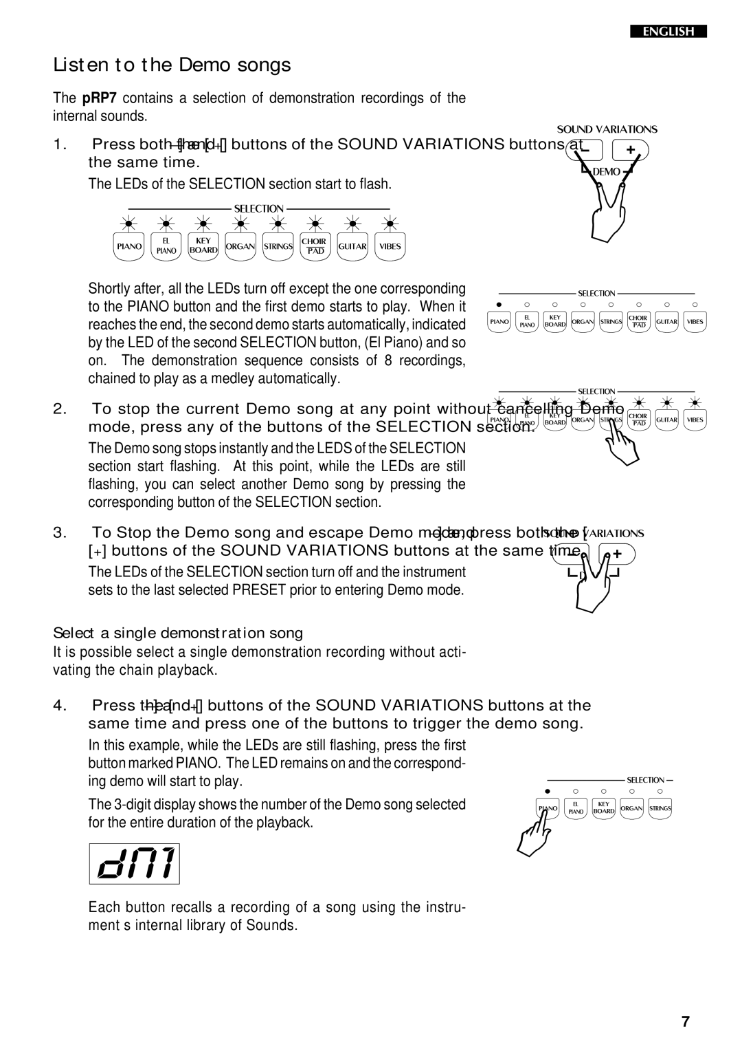 Peavey pRP 7 owner manual Listen to the Demo songs, Select a single demonstration song 