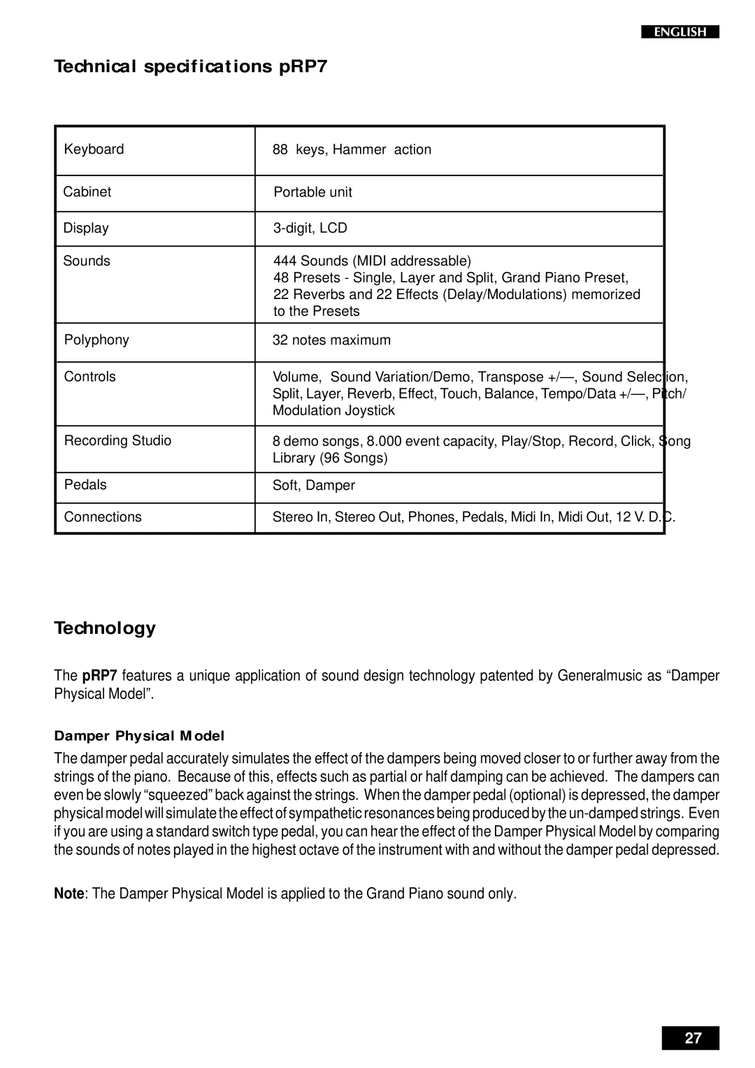 Peavey pRP 7 owner manual Technical specifications pRP7, Technology, Damper Physical Model 