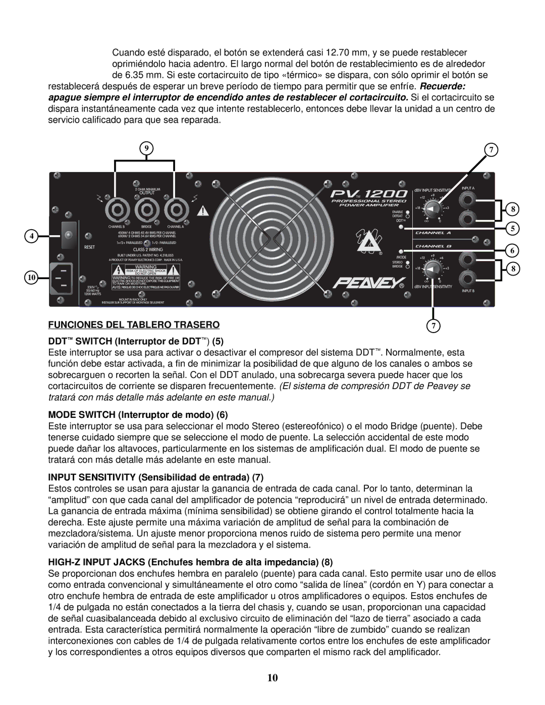 Peavey PV 1200 manual Funciones DEL Tablero Trasero, DDT Switch Interruptor de DDT, Mode Switch Interruptor de modo 