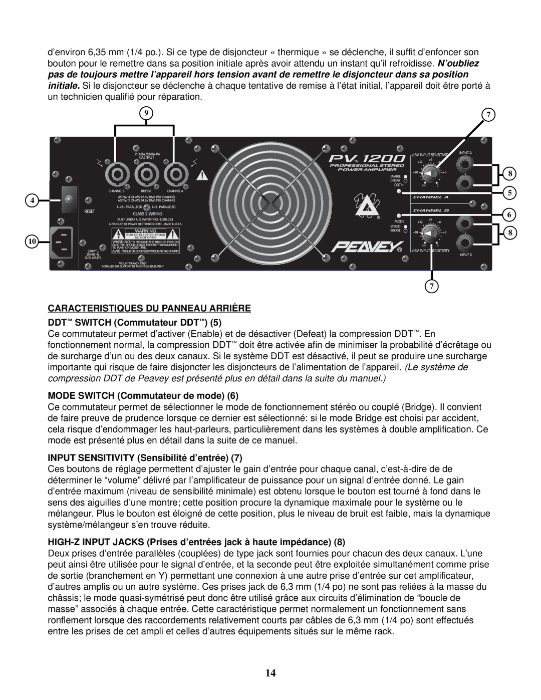 Peavey PV 1200 manual Caracteristiques DU Panneau Arrière, DDT Switch Commutateur DDT, Mode Switch Commutateur de mode 