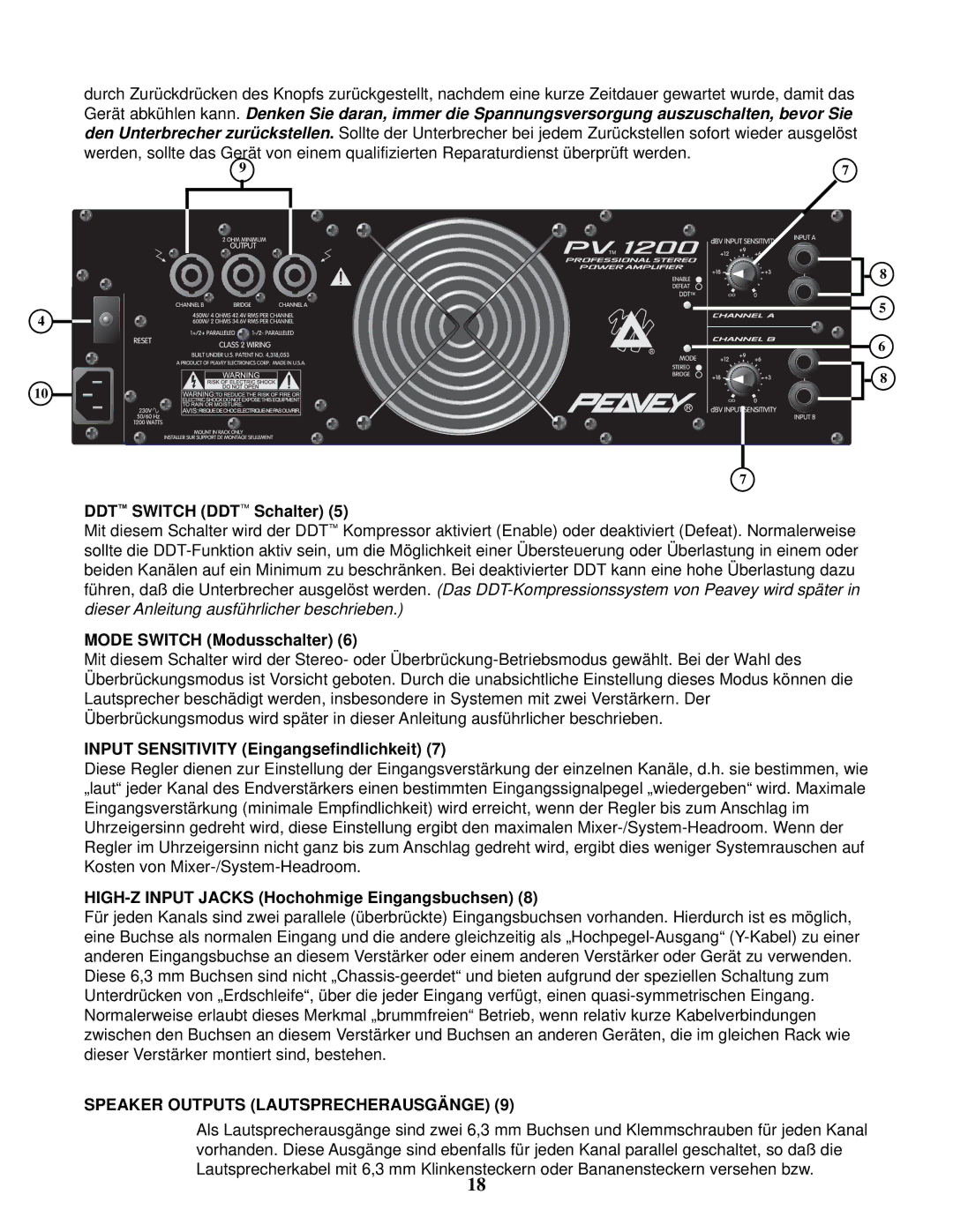 Peavey PV 1200 manual DDT Switch DDT Schalter, Mode Switch Modusschalter, Input Sensitivity Eingangsefindlichkeit 