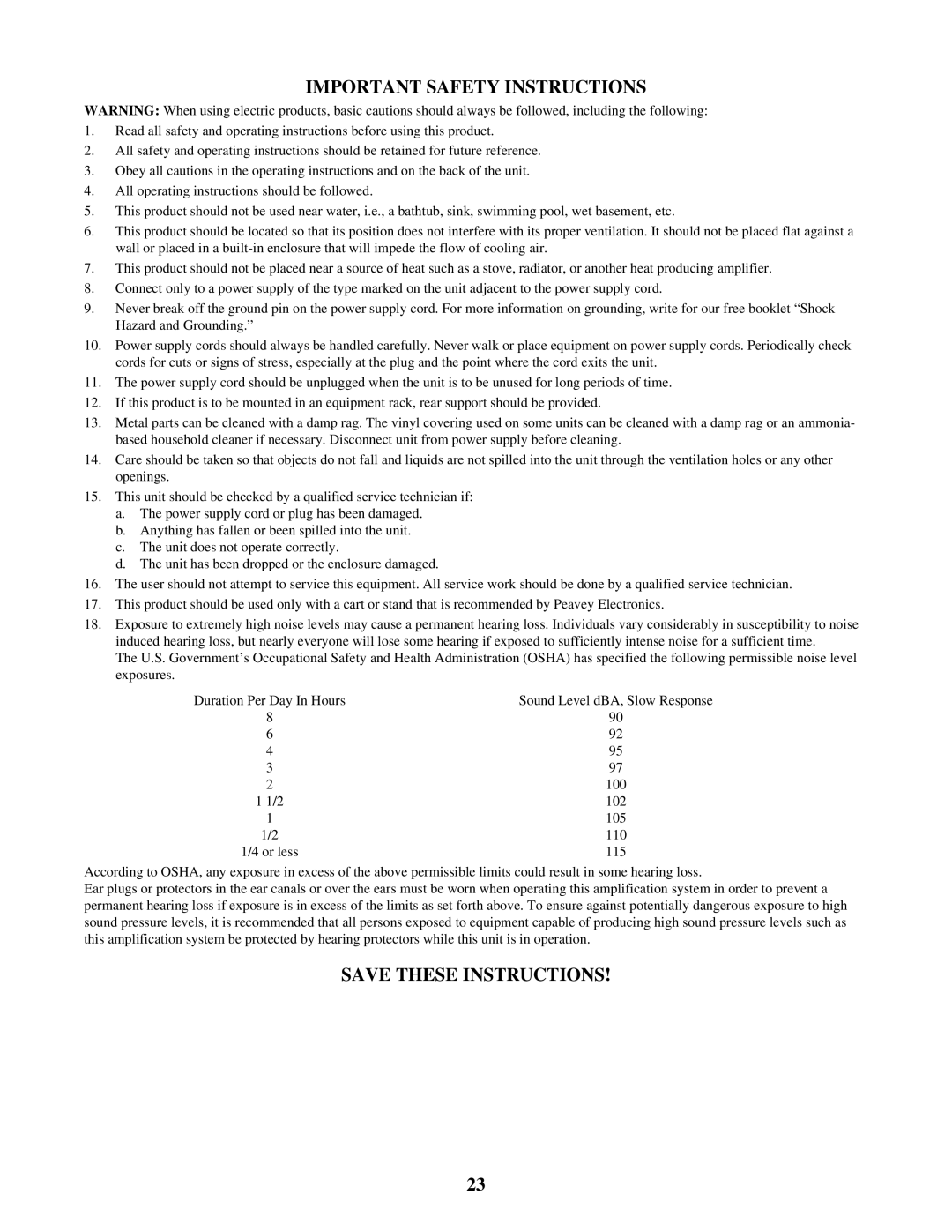 Peavey PV 1200 manual Important Safety Instructions 