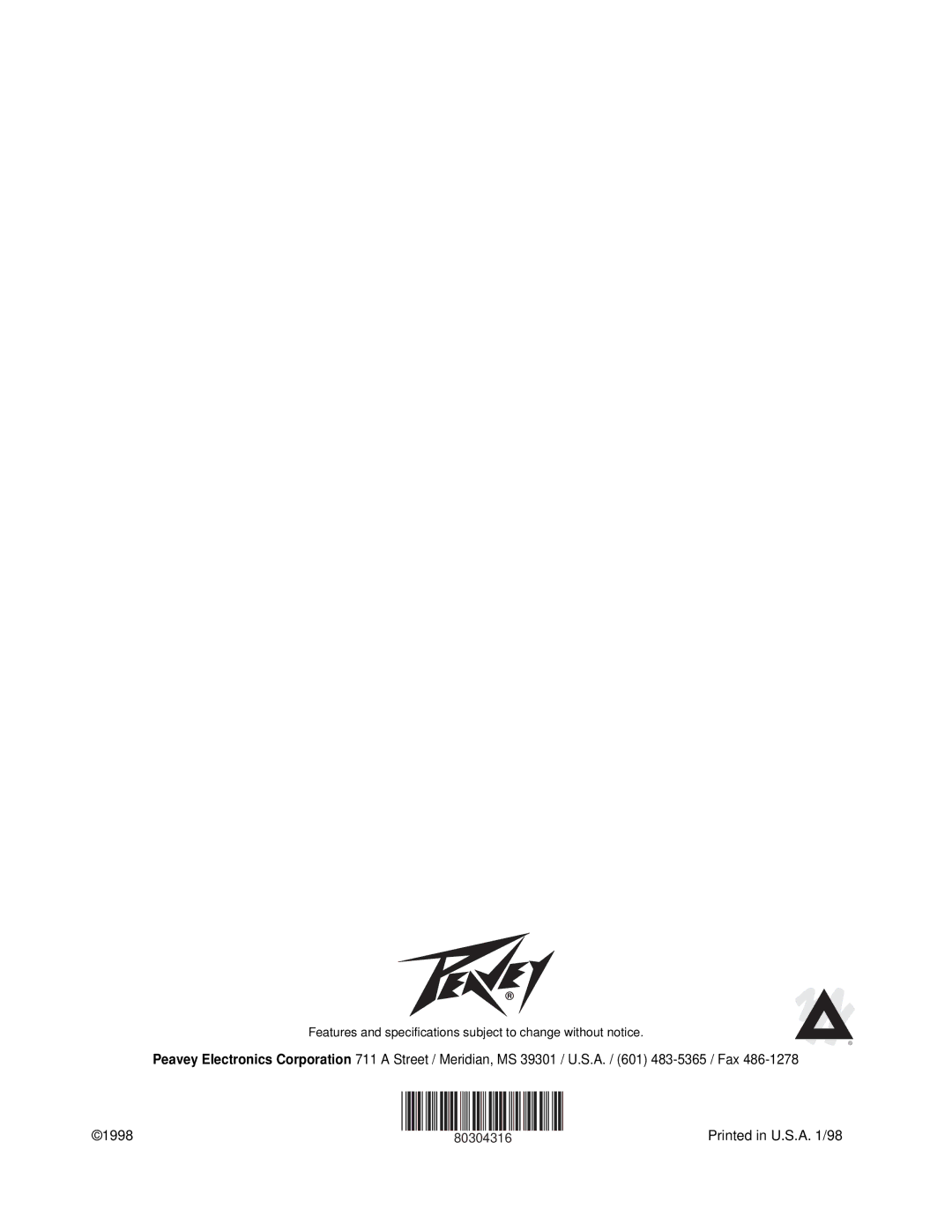 Peavey PV 1200 manual Features and specifications subject to change without notice 