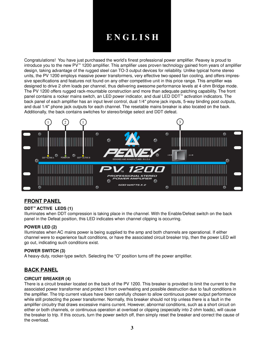 Peavey PV 1200 manual G L I S H, DDT Active Leds, Power LED, Power Switch, Circuit Breaker 