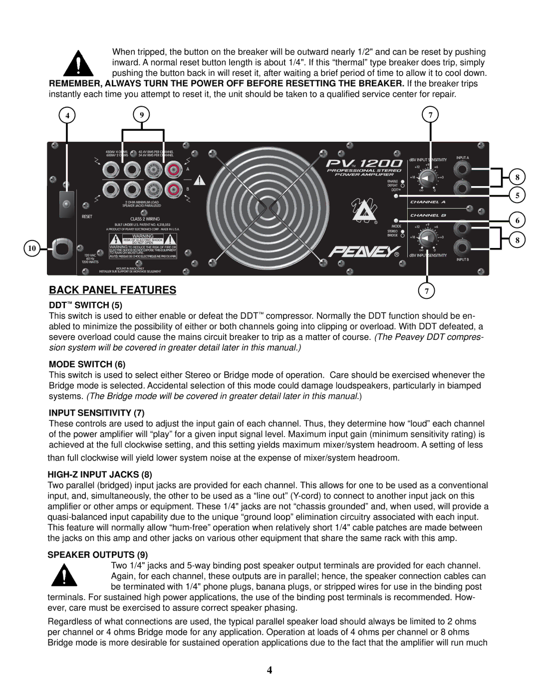 Peavey PV 1200 manual DDT Switch, Mode Switch, Input Sensitivity, HIGH-Z Input Jacks, Speaker Outputs 