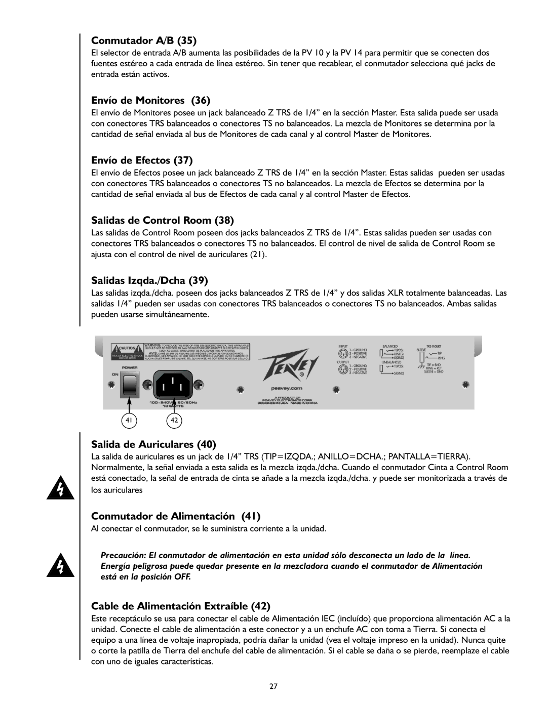 Peavey PV 10 manual Conmutador A/B, Envío de Monitores, Salidas de Control Room, Salidas Izqda./Dcha, Salida de Auriculares 