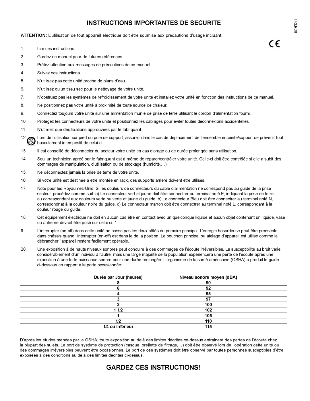 Peavey PV 15 PM manual Gardez CES Instructions, Instructions Importantes DE Securite, Niveau sonore moyen dBA 