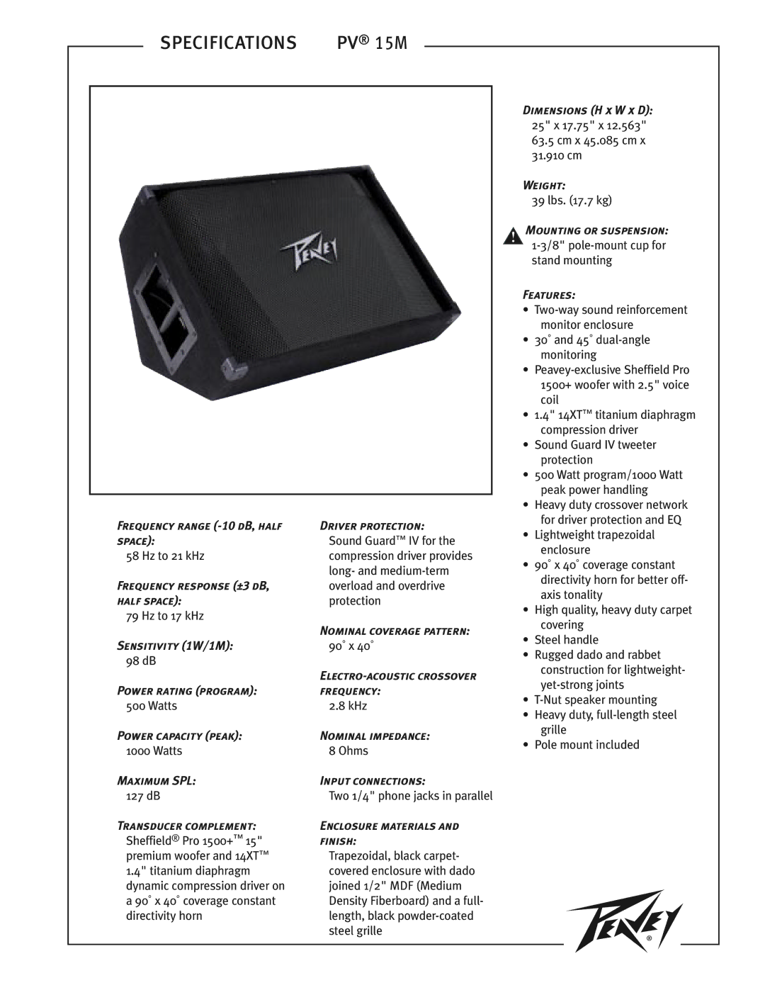 Peavey PV 15M specifications Specifications 