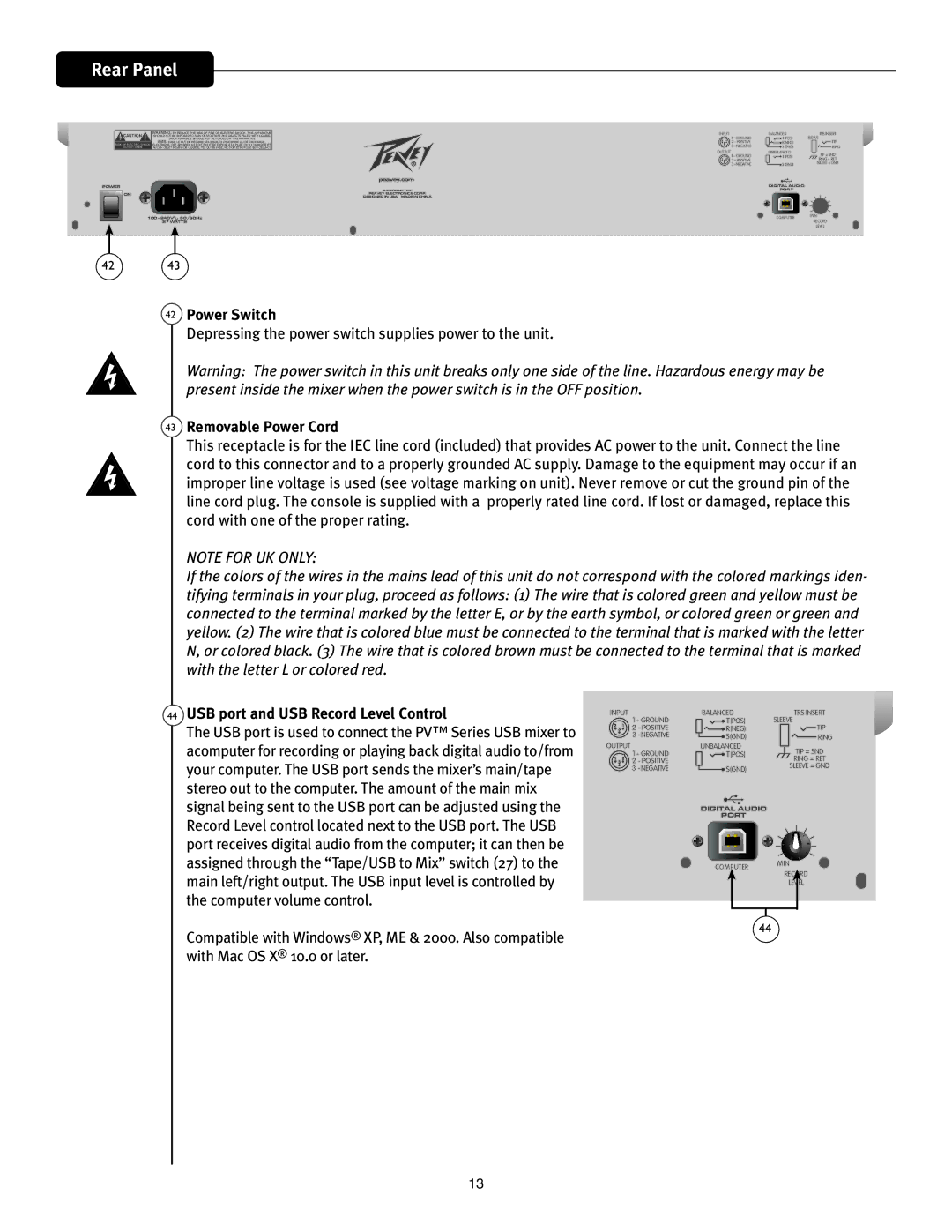 Peavey PV 20 manual Power Switch, Removable Power Cord, USB port and USB Record Level Control 