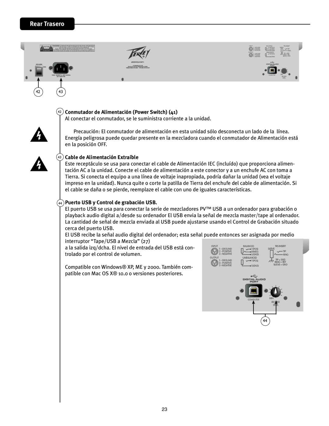 Peavey PV 20 manual Conmutador de Alimentación Power Switch, Cable de Alimentación Extraíble 