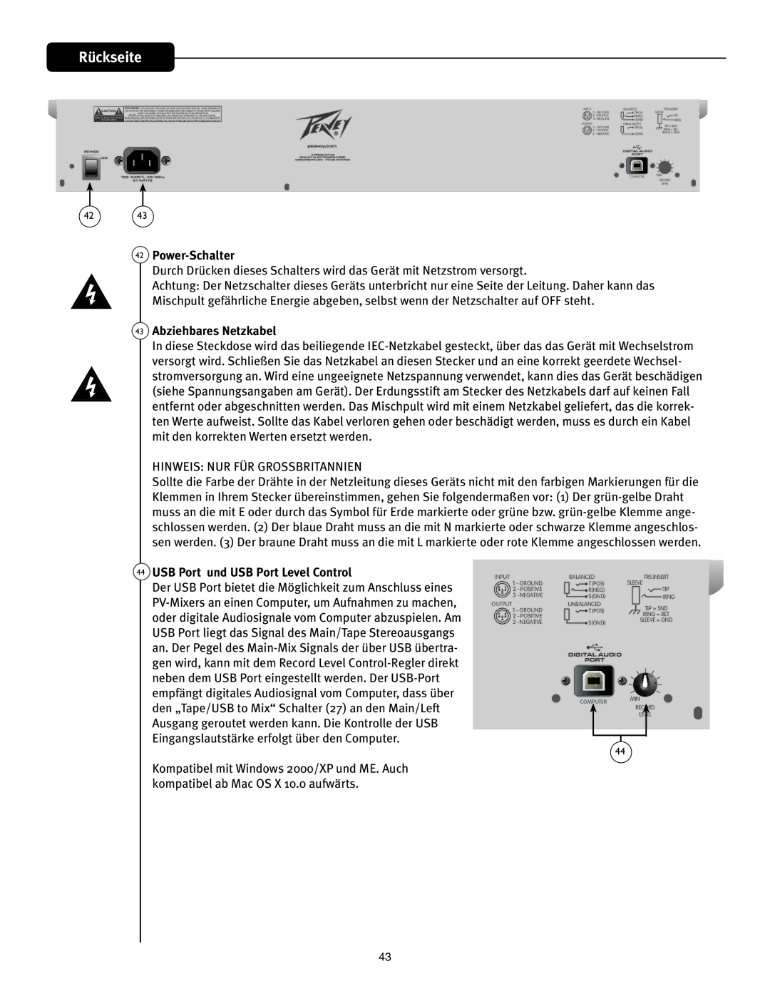 Peavey PV 20 manual Power-Schalter, Abziehbares Netzkabel, USB Port und USB Port Level Control 