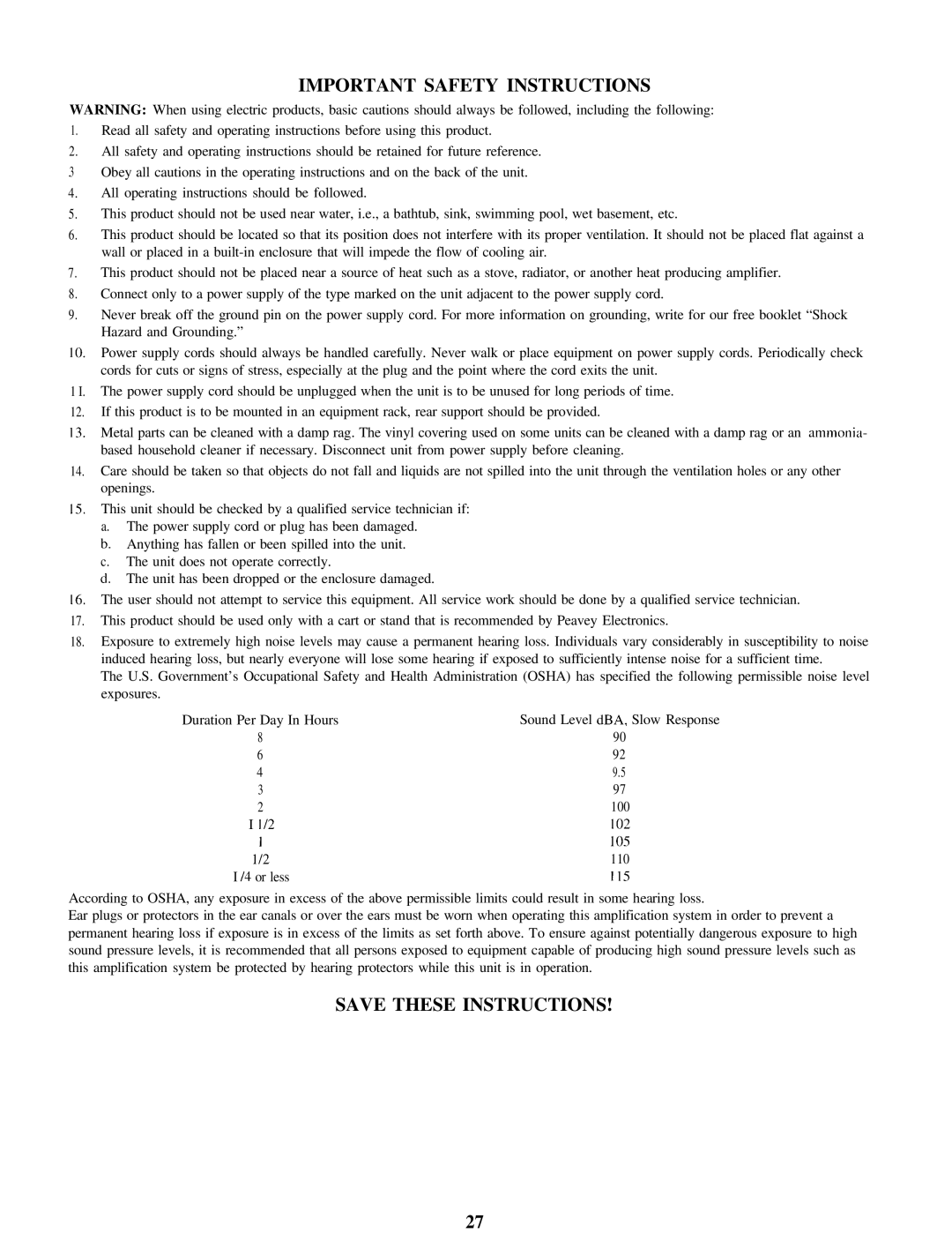 Peavey PV 2000 manual Important Safety Instructions 