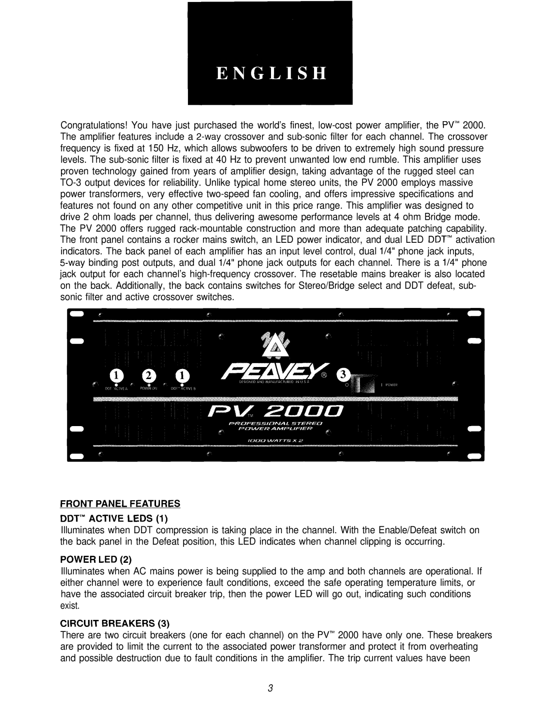 Peavey PV 2000 manual Front Panel Features DDT’ Active Leds, Power LED, Circuit Breakers 